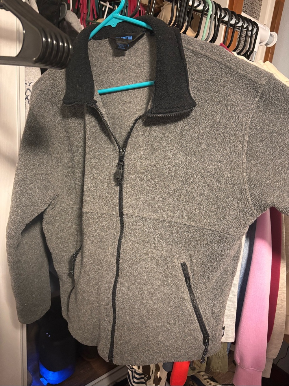 Vintage J. Crew Men's Gray Full-Zip Fleece Jacket with Black Collar